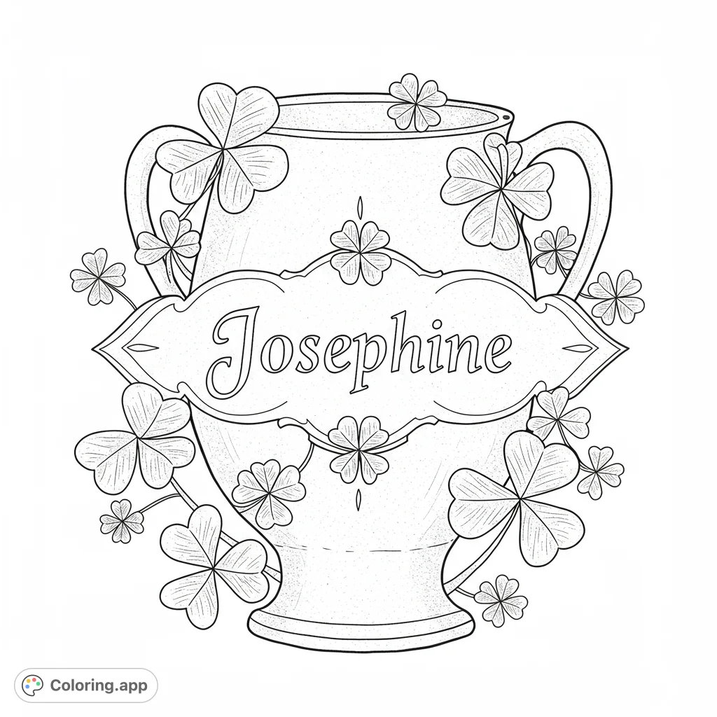 Josephine on Belleek China coloring page. Features the name Josephine in elegant script, surrounded by detailed shamrocks.
