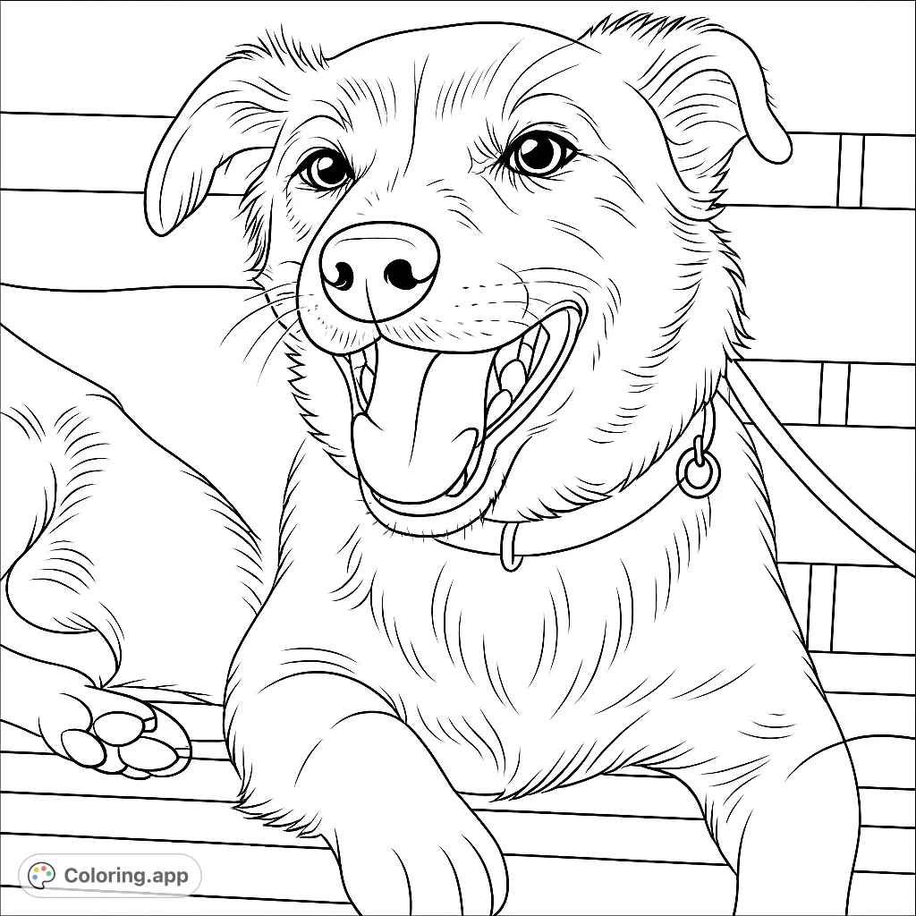 Unleash your creativity with this adorable dog coloring page! A happy dog sits on a bench, ready for your artistic touch.