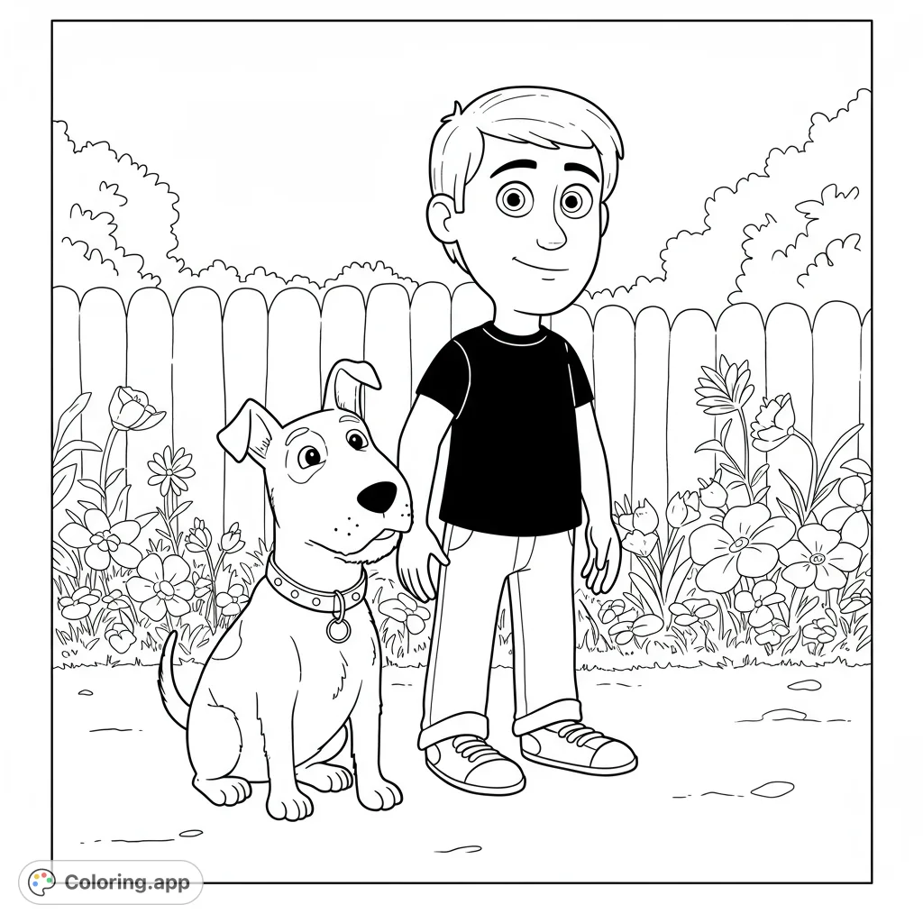 Sid Phillips and Scud from Toy Story in a detailed black and white line art coloring page. Features clean lines, open spaces, and a garden setting for creative coloring fun.