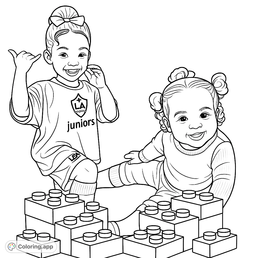 A delightful coloring page featuring two adorable children playing with building blocks. A fun and engaging activity for kids of all ages.