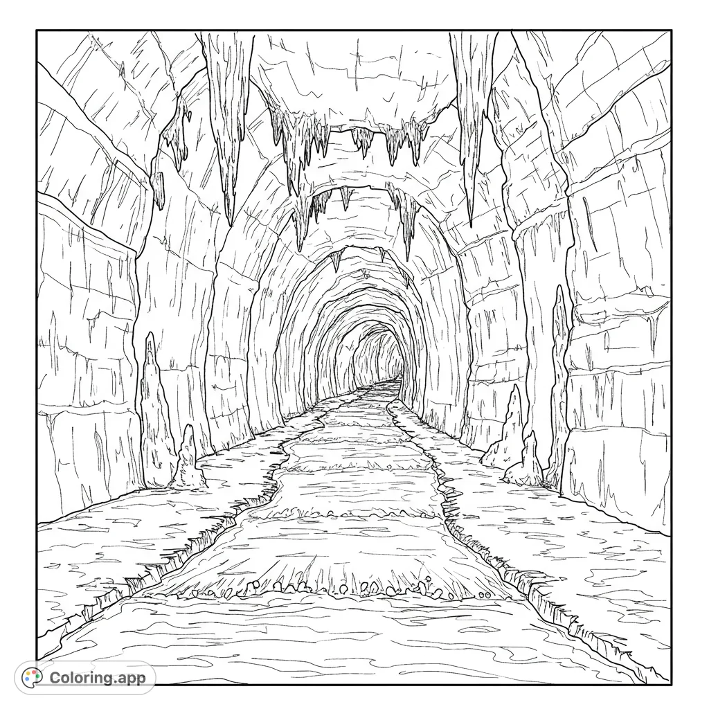 Explore the River Axe in Wookey Hole Caves! This black and white line drawing features detailed cave walls and flowing water, perfect for coloring.