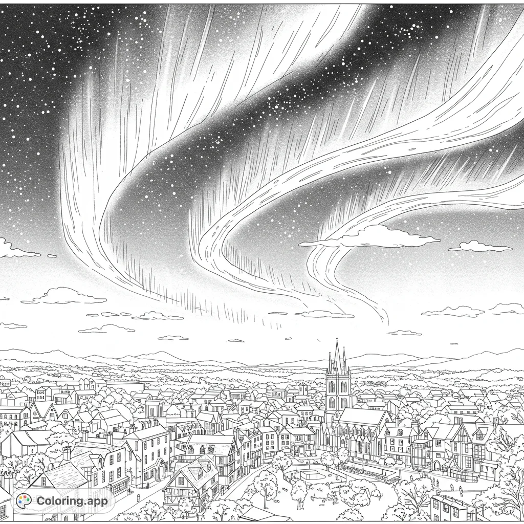 Witness the magic of the Northern Lights dancing over Melksham, Wiltshire! This detailed black and white line art coloring page offers a beautiful scene for all ages.