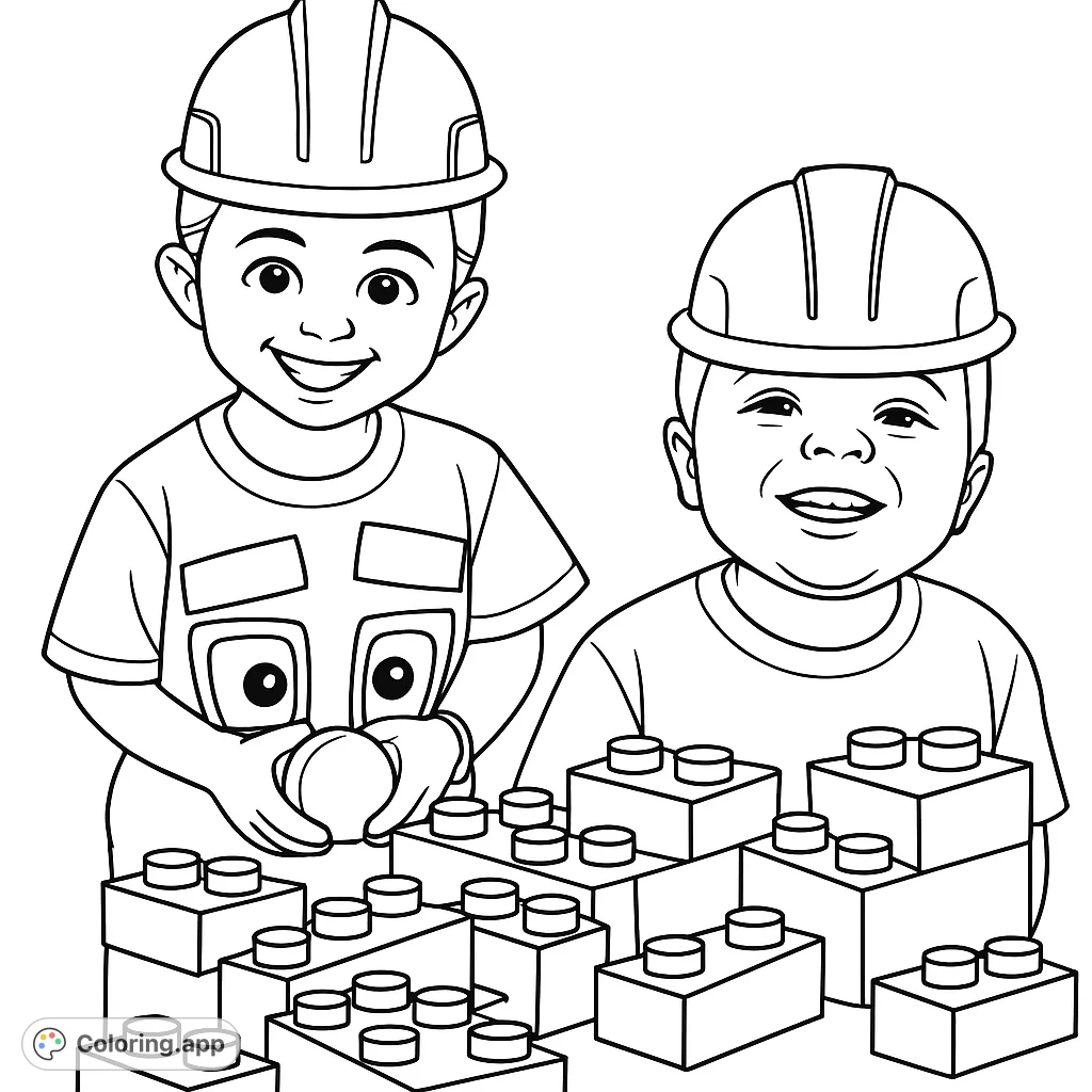 Kids building blocks! A delightful coloring page featuring children wearing hard hats and playing with colorful building blocks.