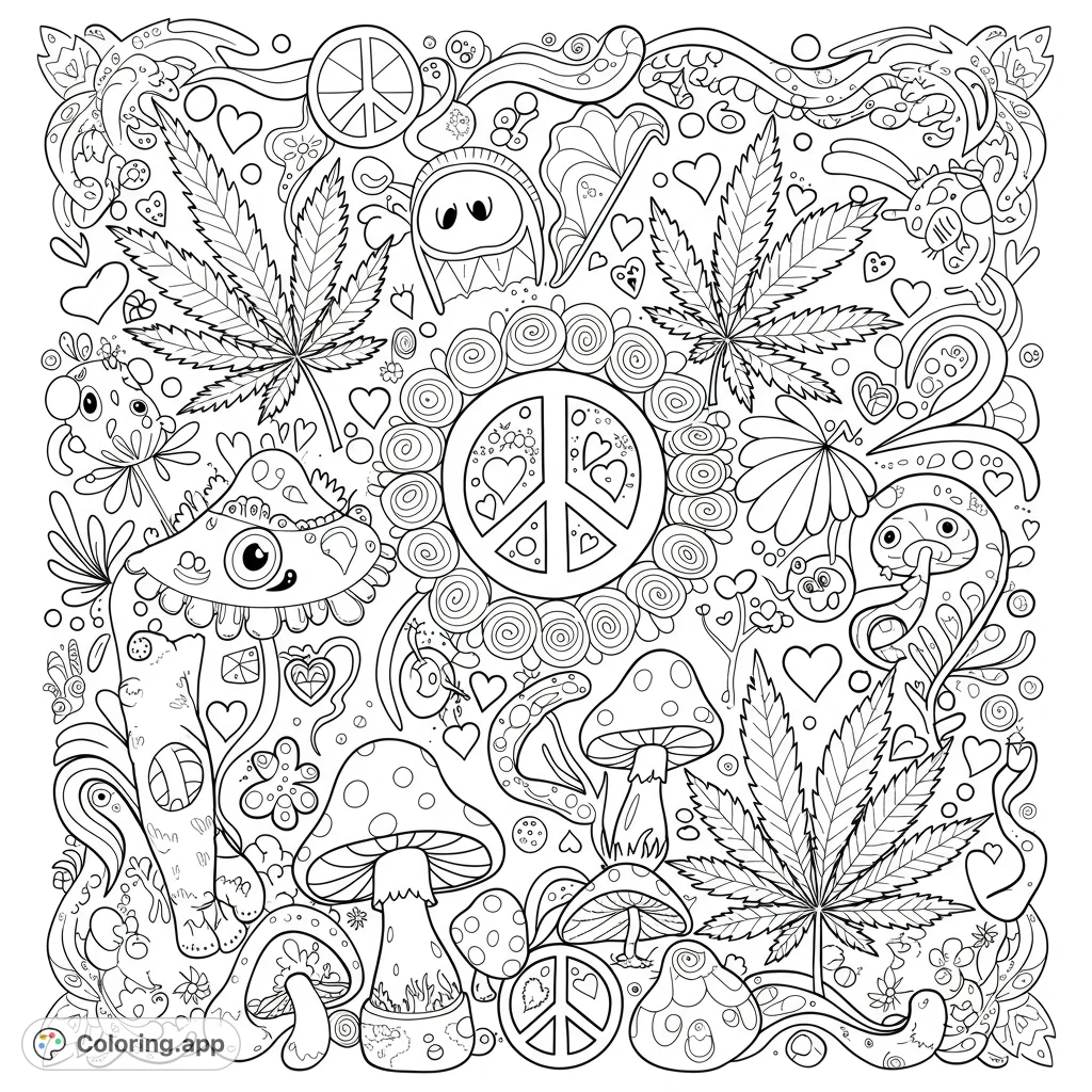Psychedelic coloring page featuring marijuana leaves, mushrooms, peace signs, and hearts. Detailed line art with open spaces for creative coloring.
