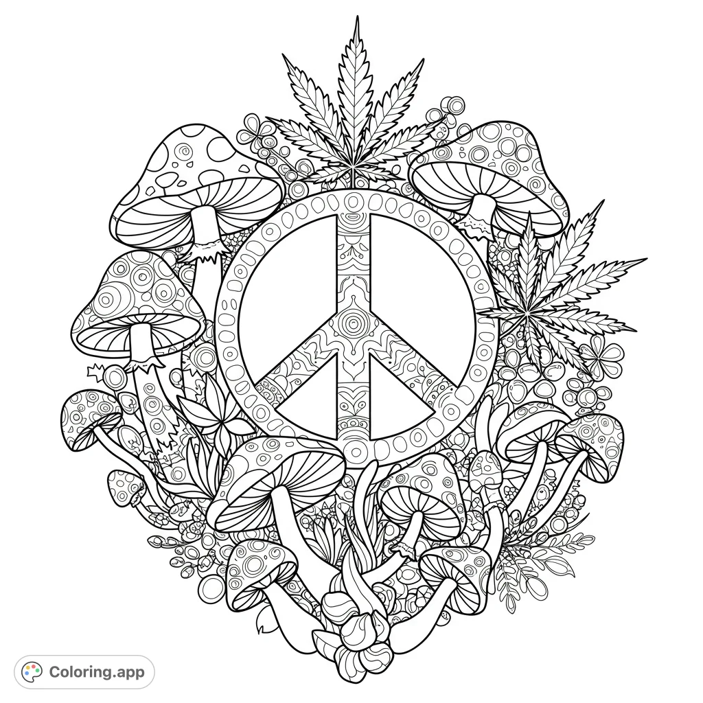 Peaceful design featuring a peace sign, mushrooms, and a marijuana leaf. This black and white line art is perfect for coloring, with detailed and open areas for creative expression.