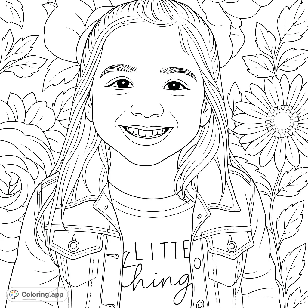 A cute girl with a denim jacket smiles sweetly in this portrait-style coloring page. Perfect for kids who love fashion and people!