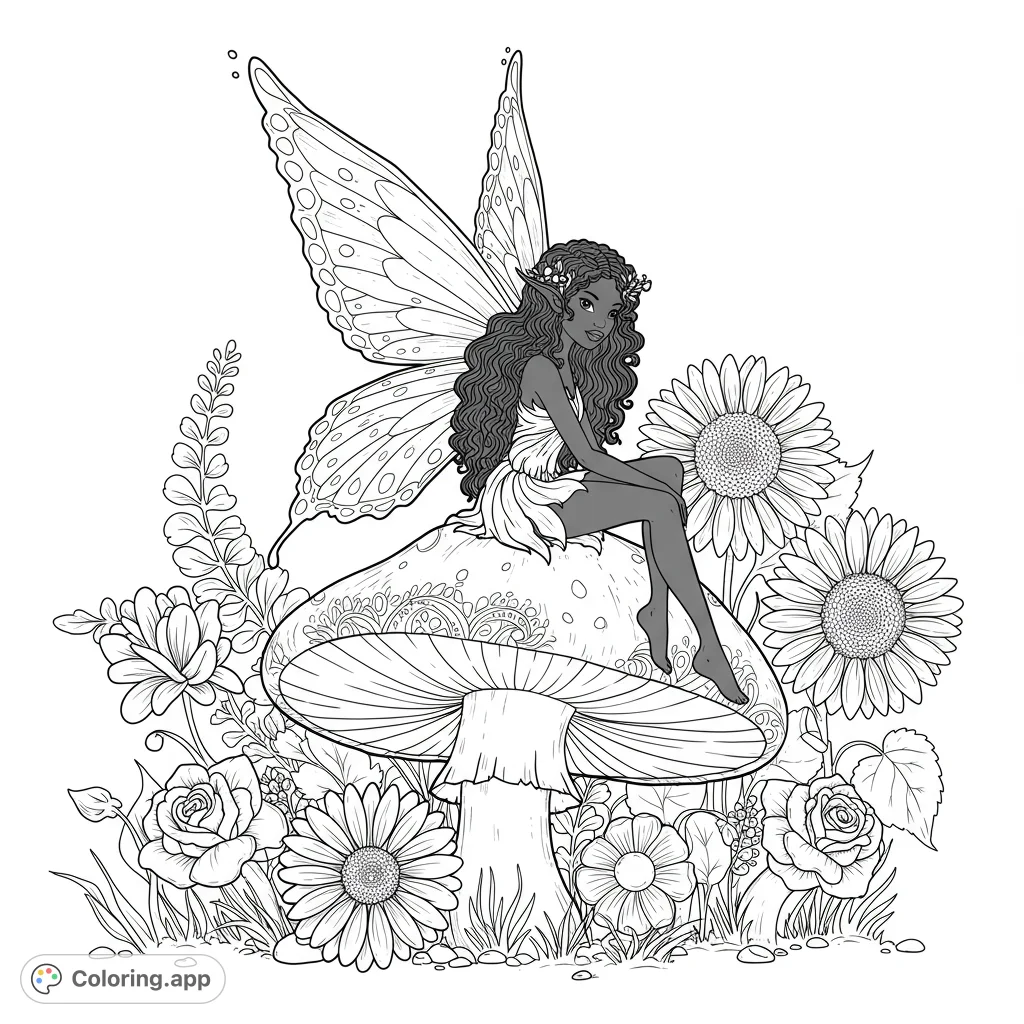 A whimsical coloring page featuring an African American fairy seated on a large mushroom, surrounded by detailed flowers. Perfect for kids and adults to enjoy coloring.