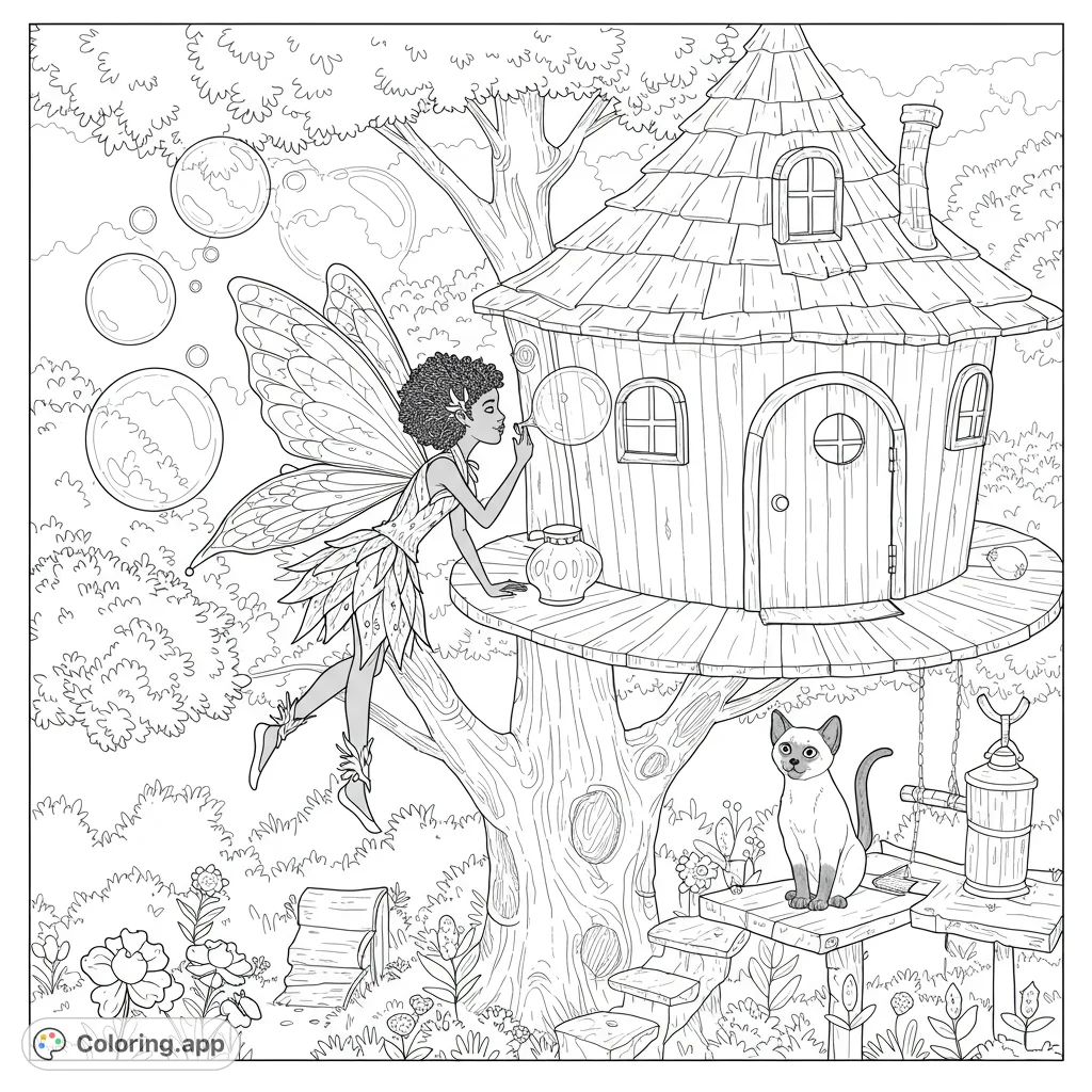 African American fairy and Siamese cat in a whimsical treehouse, blowing bubbles. Detailed line art with open spaces for coloring.
