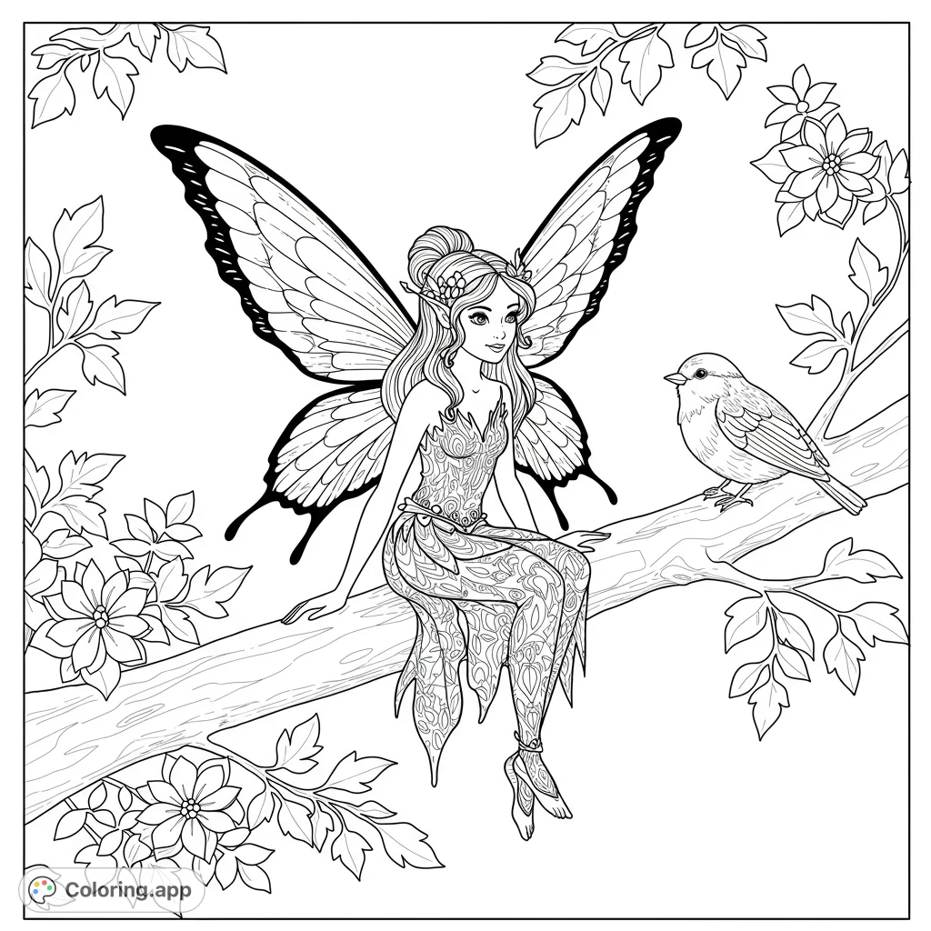 Enchanting black fairy perched on a tree branch with a bird. Detailed line art with open spaces for coloring.