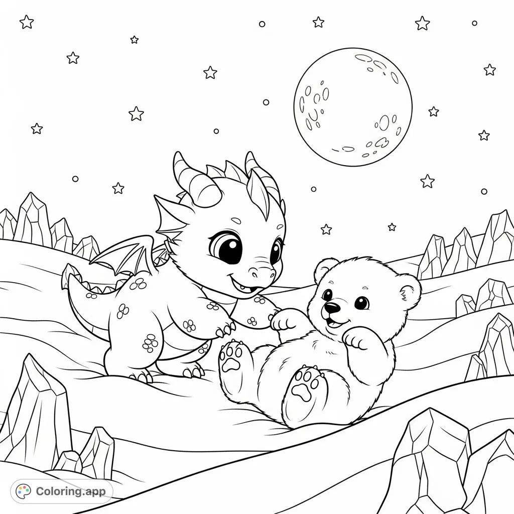 A delightful kawaii baby ice dragon and a fluffy polar bear cub play in a snowy, moonlit landscape, perfect for a whimsical coloring adventure.