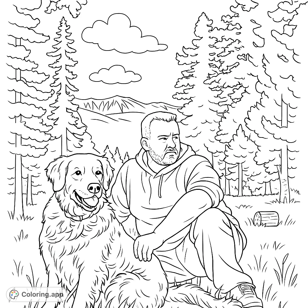 A man and his golden retriever dog sit in a grassy field with mountains in the background. A heartwarming scene to color!