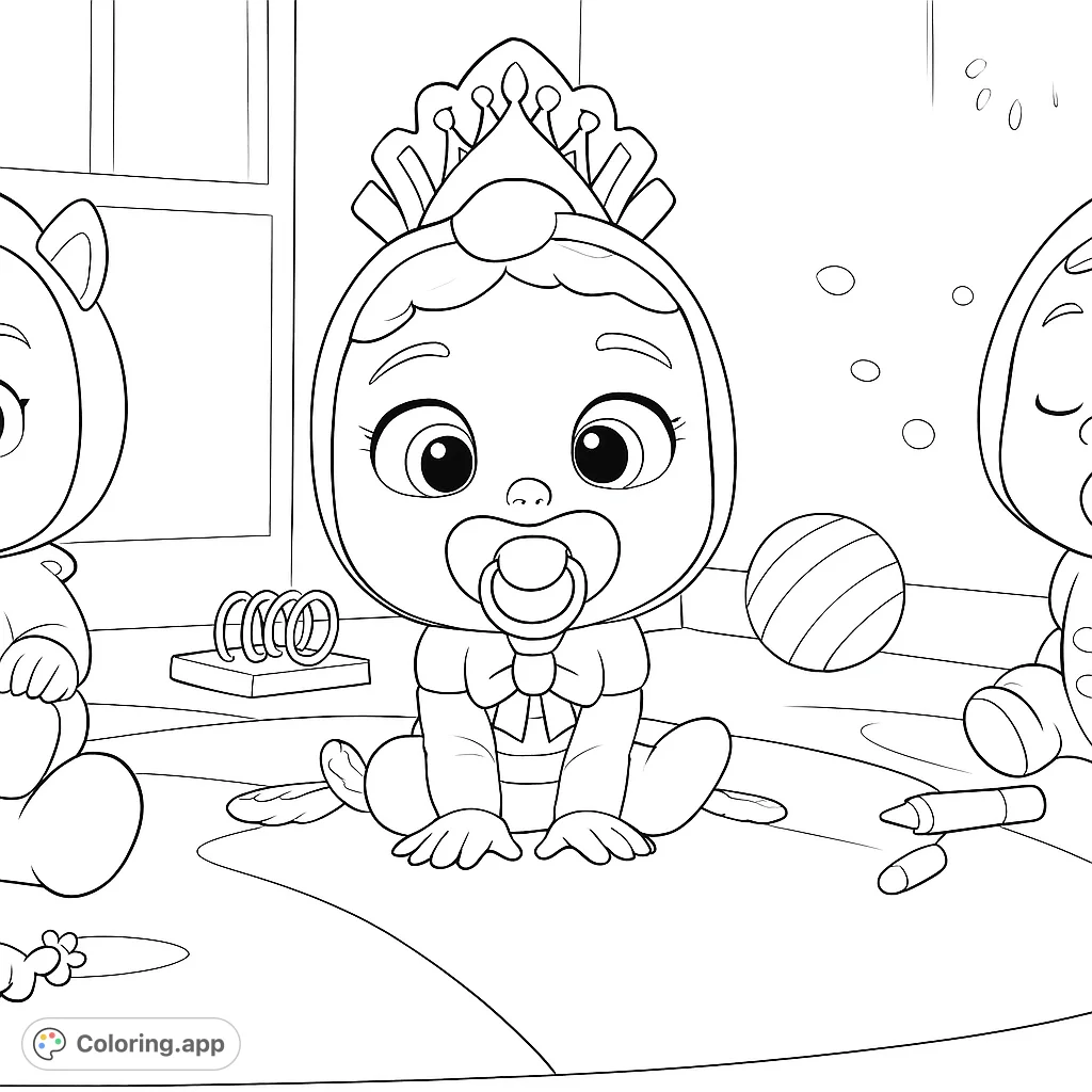 A delightful Cry Babies coloring page featuring popular characters in their iconic costumes, surrounded by playful toys on a patterned floor. Perfect for fans!