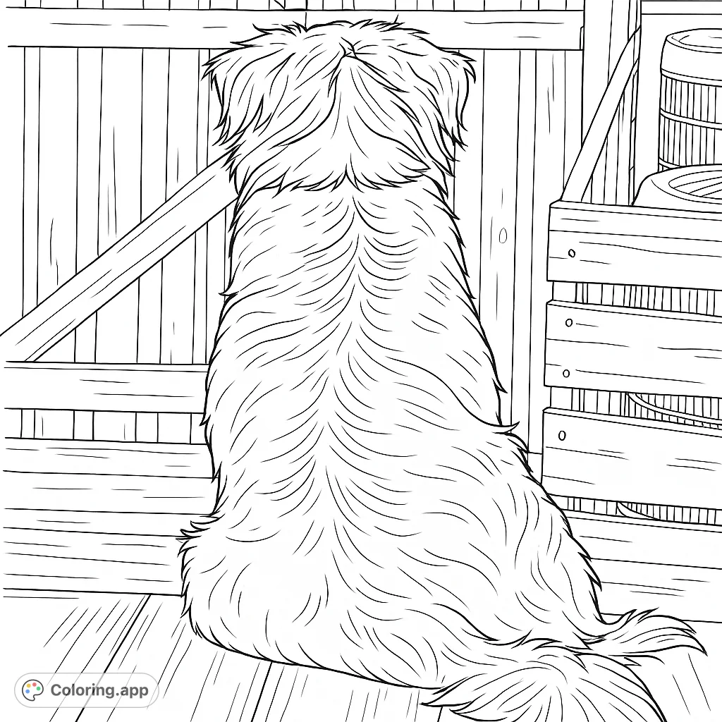 Detailed coloring page of a dog sitting on a porch looking at a fence. A fun and relaxing activity for dog lovers of all ages.