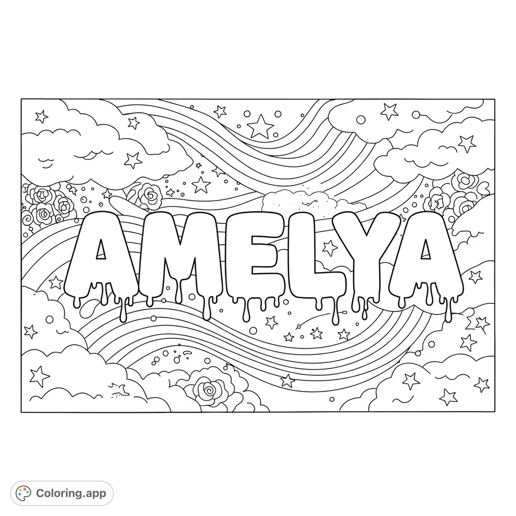 A whimsical Amelya name coloring page featuring chunky, drippy letters set against a dreamy background of swirling clouds, stars, and rainbow forms.