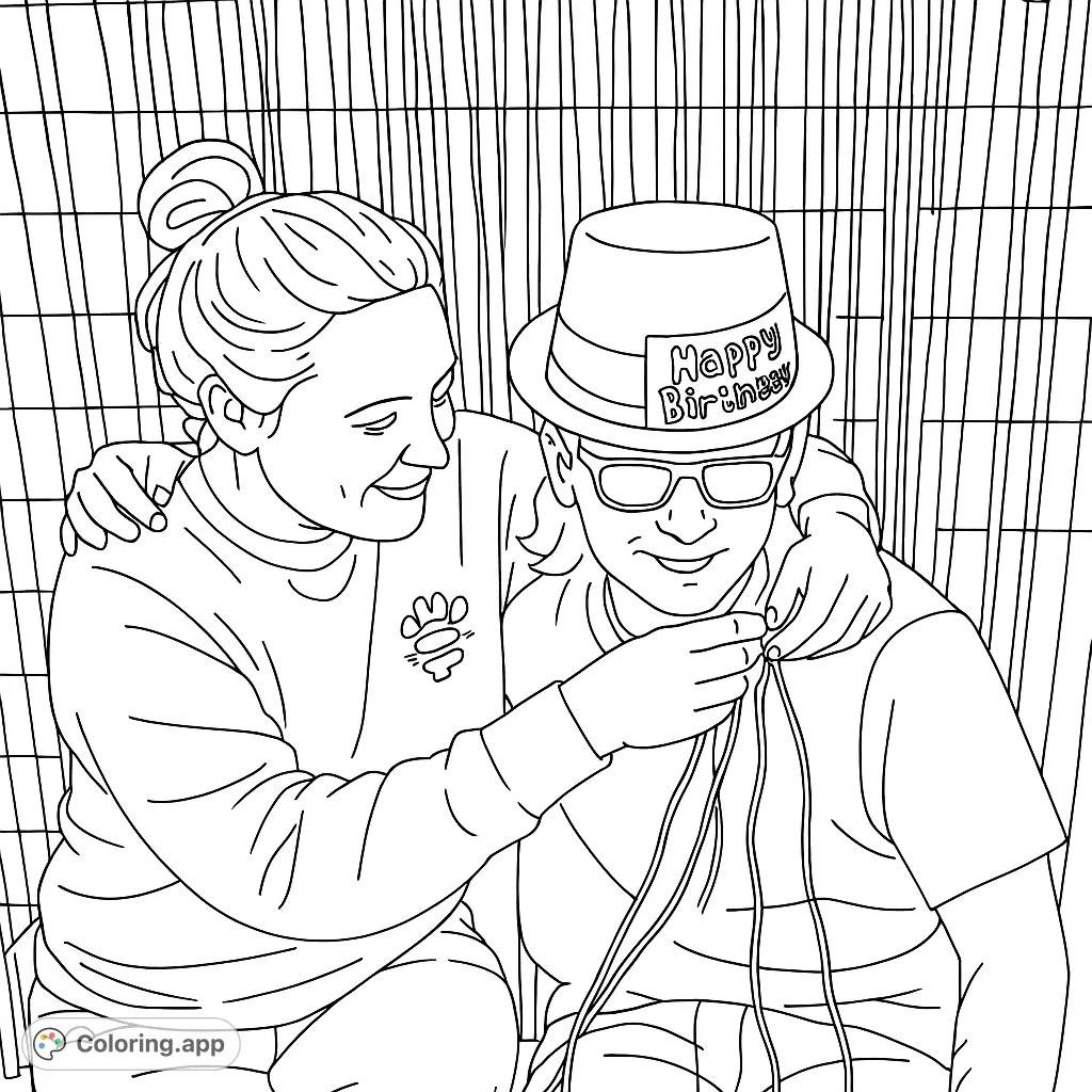 Celebrate with this festive coloring page featuring two friends at a birthday party, complete with a fun hat and flowing ribbons. Perfect for all ages!