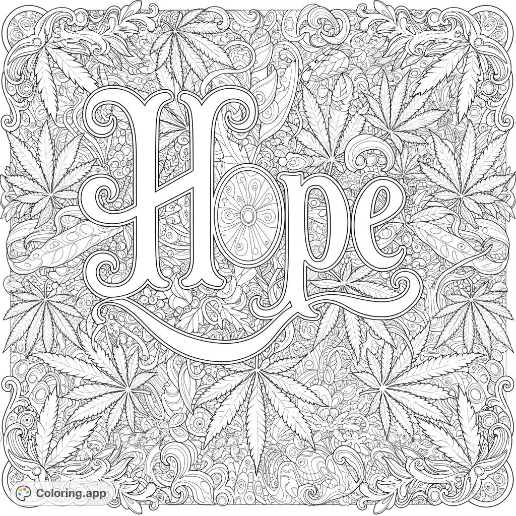 Intricate "Hope" design with a marijuana leaf background and trippy border. Perfect for adults.