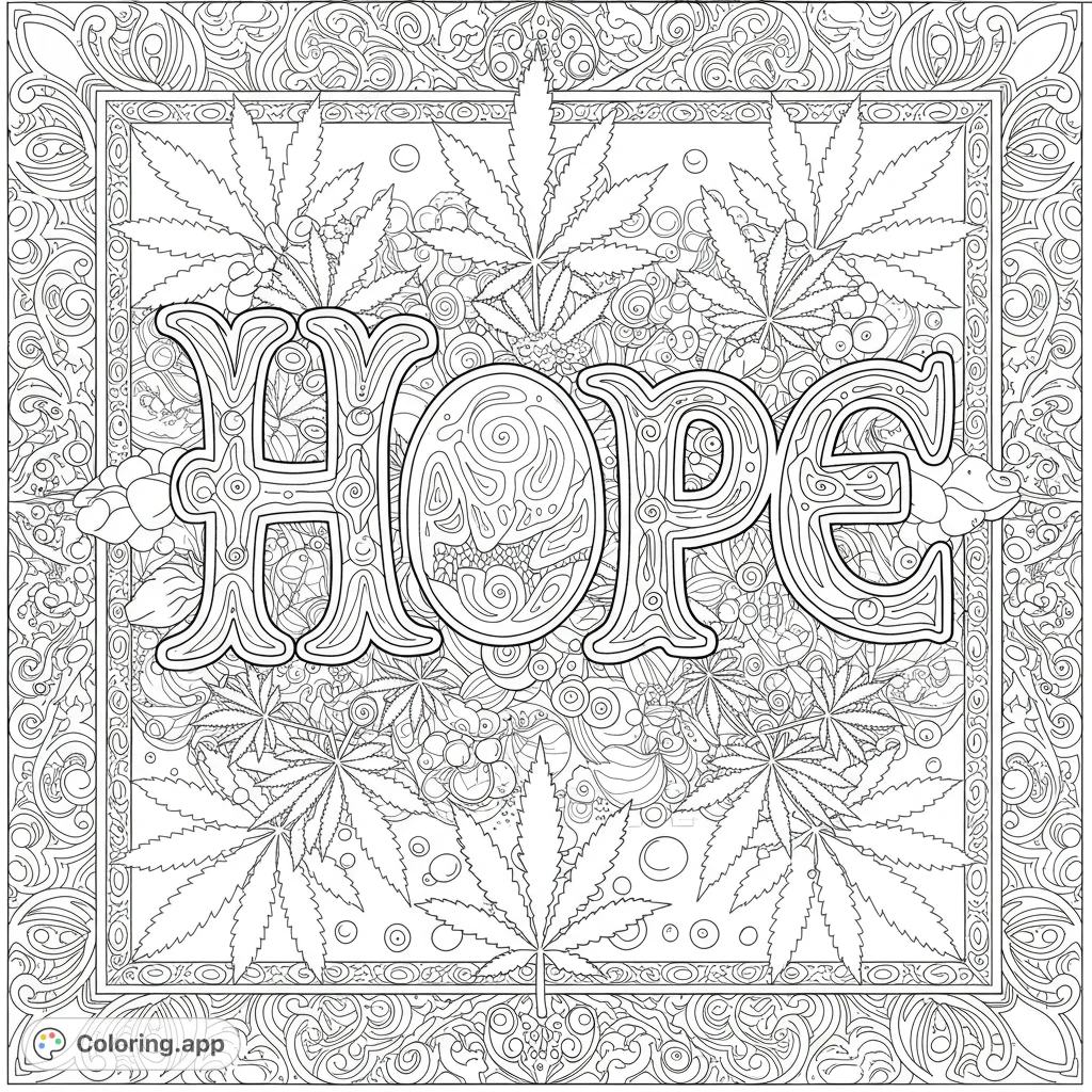 Intricate "Hope" design with a marijuana leaf background and trippy border. Perfect for adults.