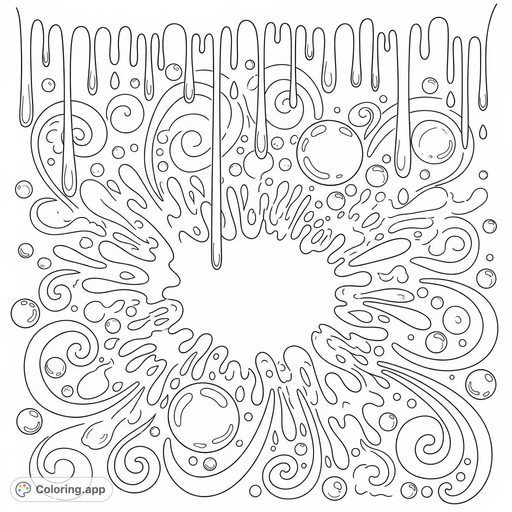 Explore a captivating abstract coloring page featuring an exciting blend of splashes, drips, bubbles, and swirling patterns. A truly dynamic visual experience.