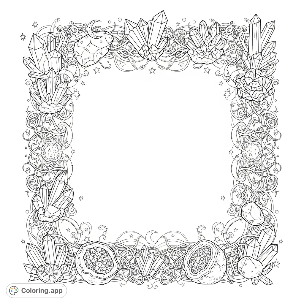 Discover a free printable magical crystal border coloring page, perfect for notes or recipes. Intricate crystals and swirling magic await your creative touch!
