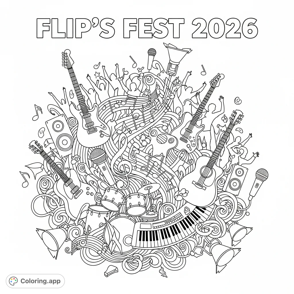 Celebrate music with the Flip's Fest 2026 coloring page. Features bold text and dynamic illustrations of instruments, notes, and festive crowds.
