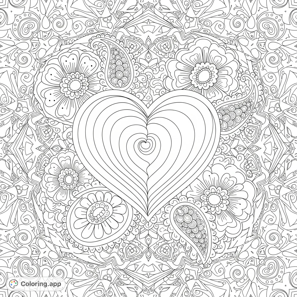 Intricate kaleidoscope patterns and elegant paisley flowers intertwine around a central swirly heart, offering a detailed and mesmerizing coloring experience.