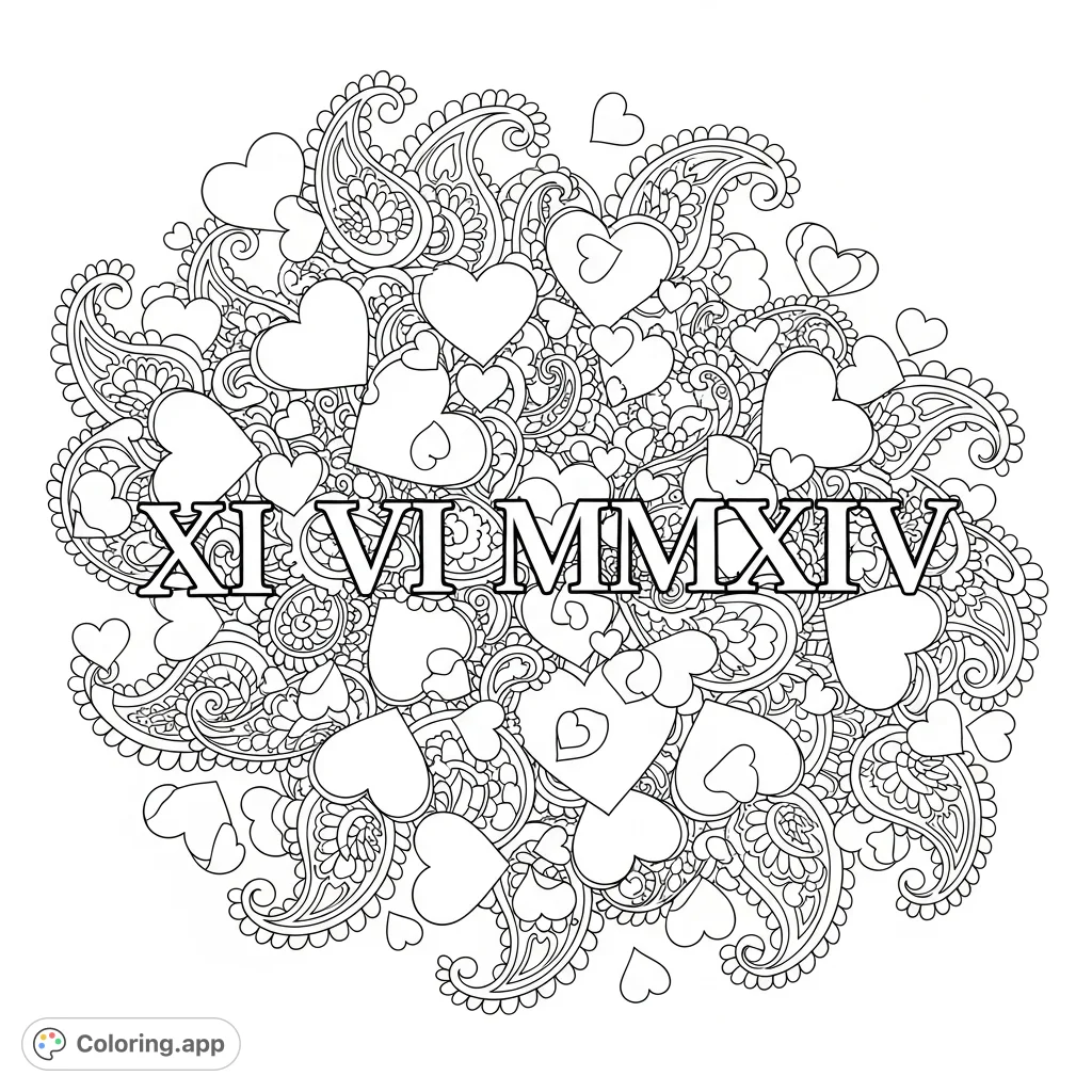 An intricate coloring page featuring the Roman numerals XI VI MMXIV, surrounded by a detailed background of abstract hearts and flowing paisley patterns.
