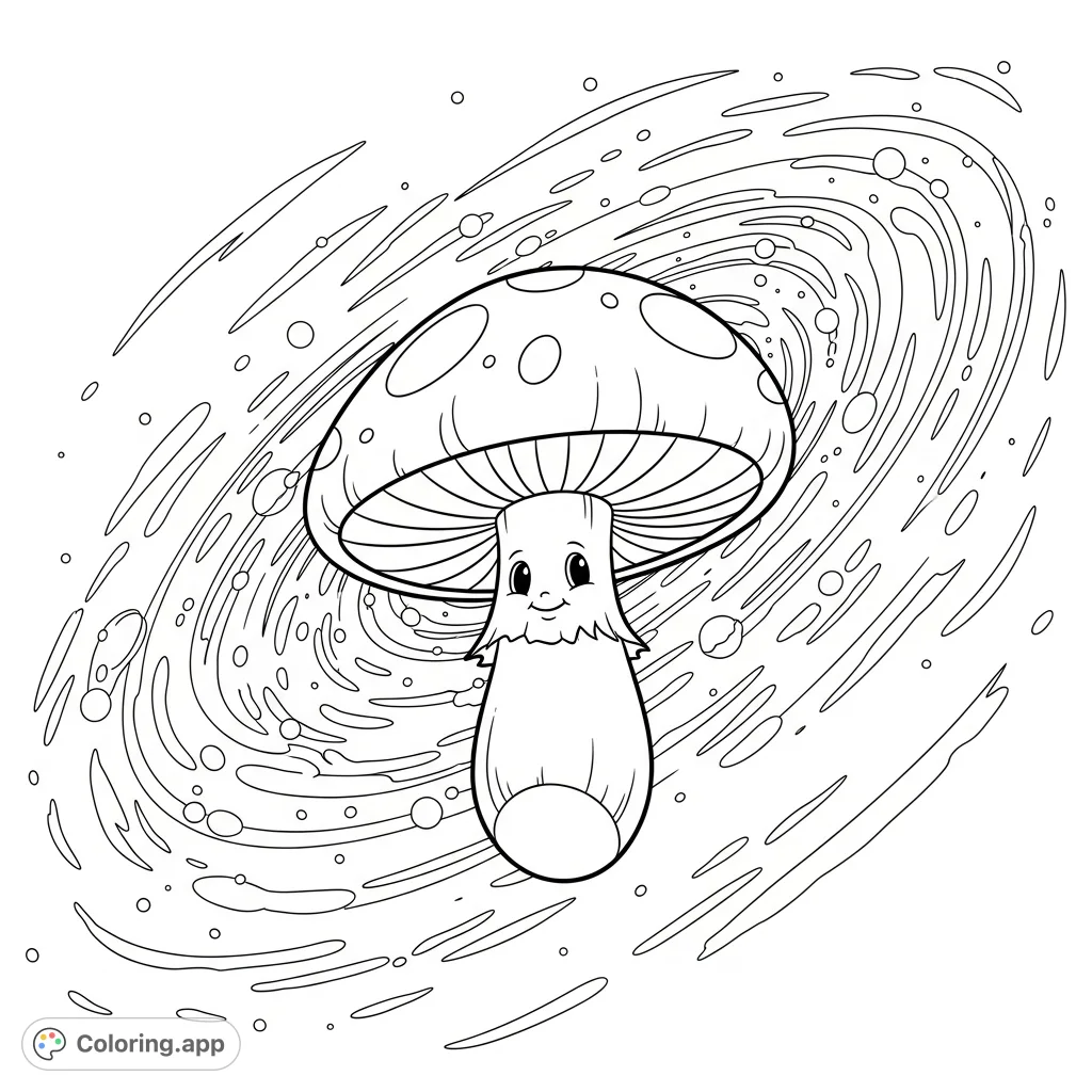 A whimsical smiling mushroom floats through the cosmos, surrounded by a swirling galaxy, ready for a vibrant coloring adventure.