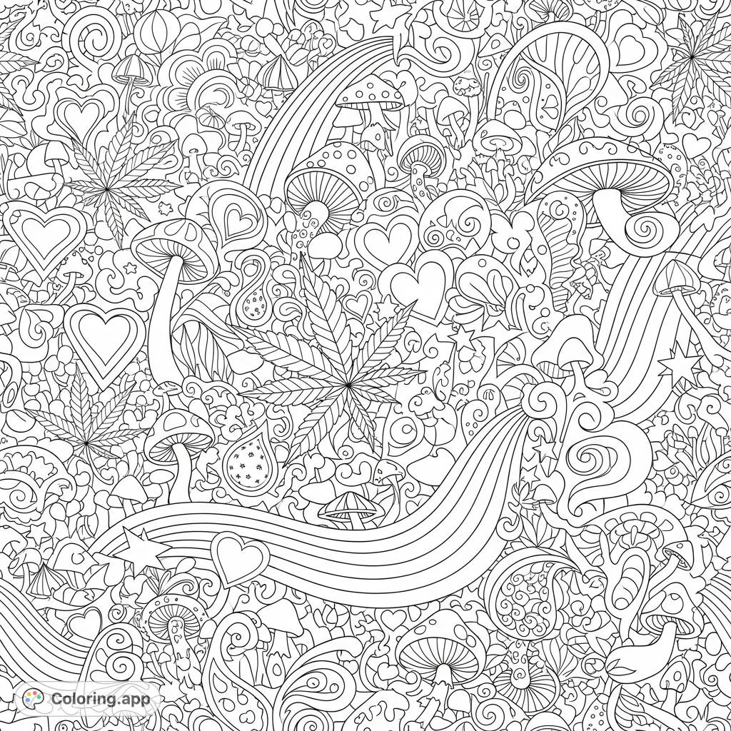 A whimsical coloring page featuring an intricate flow of mushrooms, paisleys, hearts, stars, pot leafs, and rainbows, creating a dynamic and enchanting design.