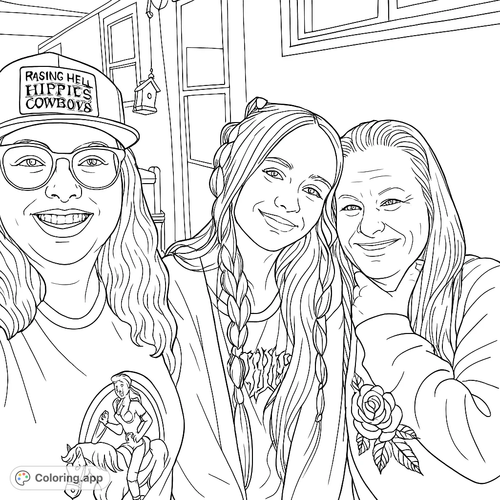 A heartwarming coloring page featuring three smiling women. A fun family portrait to color, perfect for all ages.