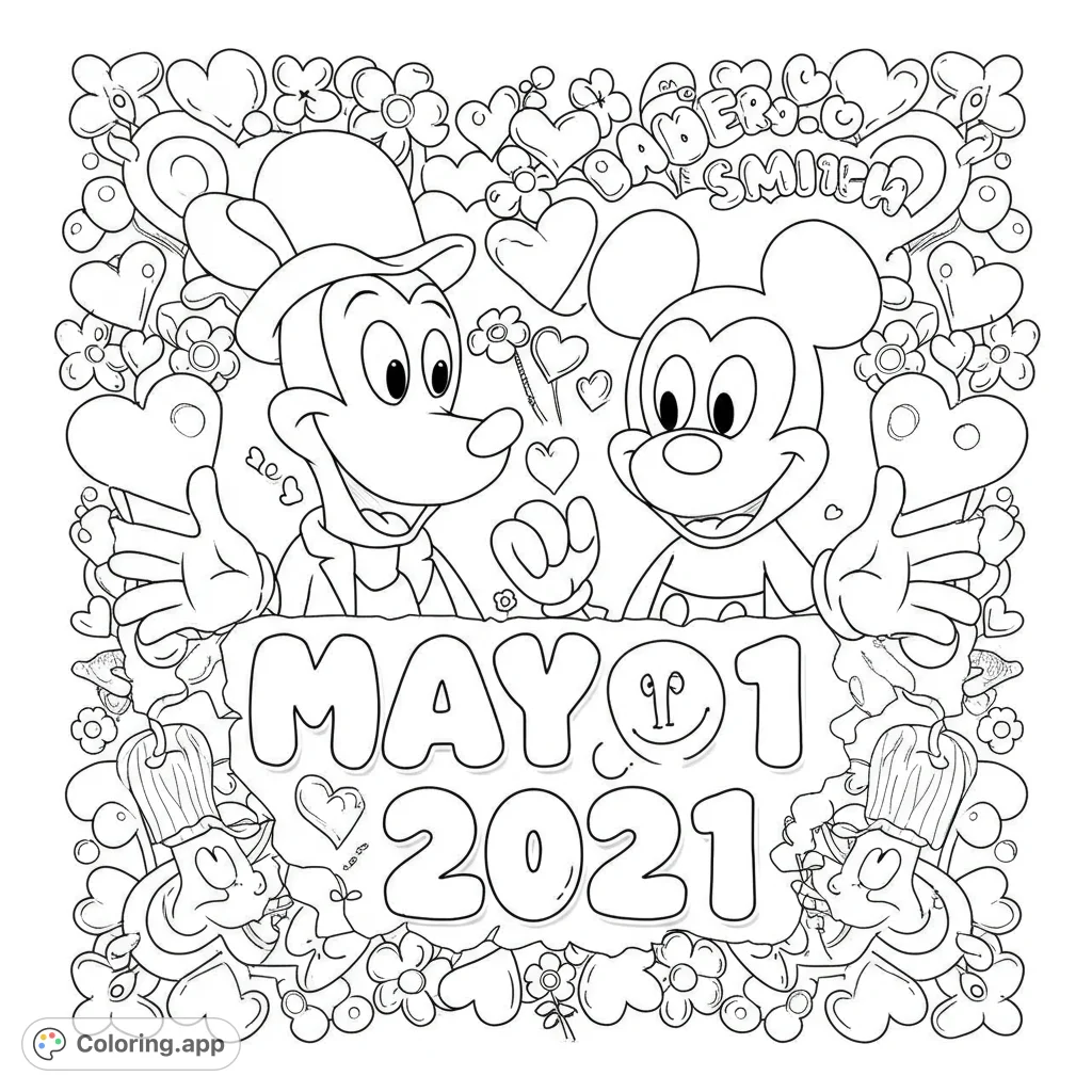 Roger and Mickey Smith celebrate with hearts, flowers, and bubble letters. A fun, detailed black and white line art coloring page for kids and adults.