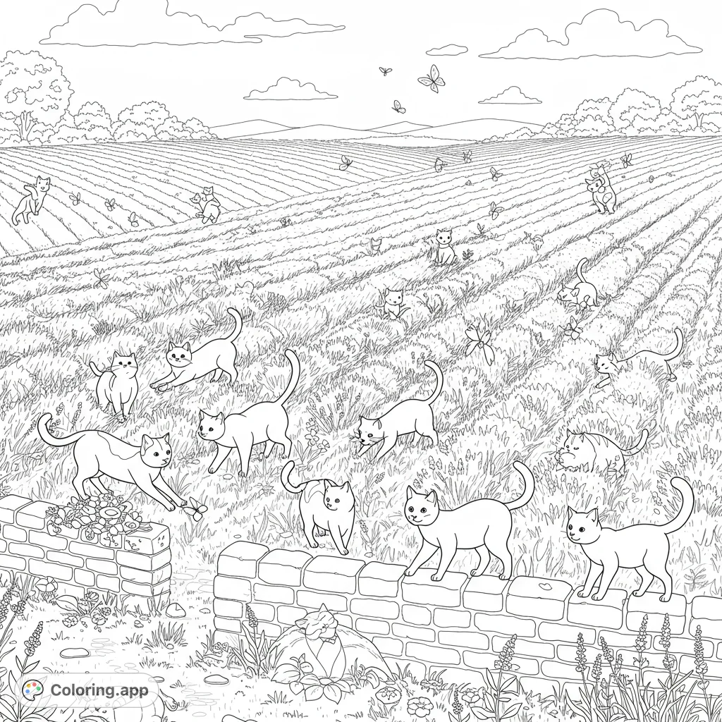 A detailed black and white coloring page featuring playful cats in a lavender field. Includes a stone wall, rolling hills, and butterflies.