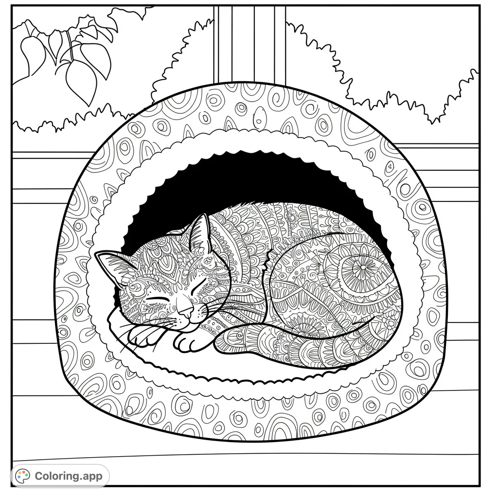 Cozy cat napping in a sunlit cat bed. This adorable black and white line art is perfect for coloring.