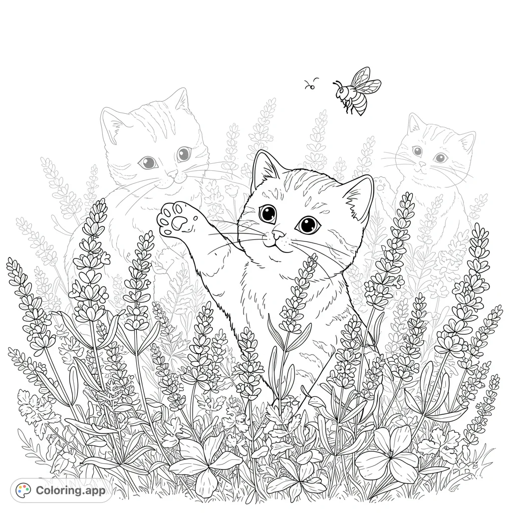 A charming kitten playfully reaching for a bee in a field of detailed lavender flowers, with two faint kittens in the background. A delightful nature scene.