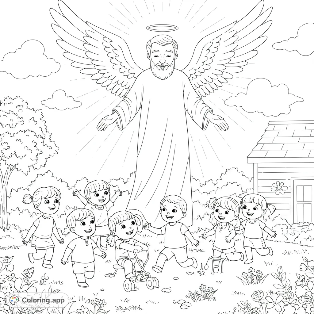 A heartwarming coloring page of a heavenly father watching over his son and grandchildren at play. Features clean lines, detailed areas, and open spaces for creative coloring.
