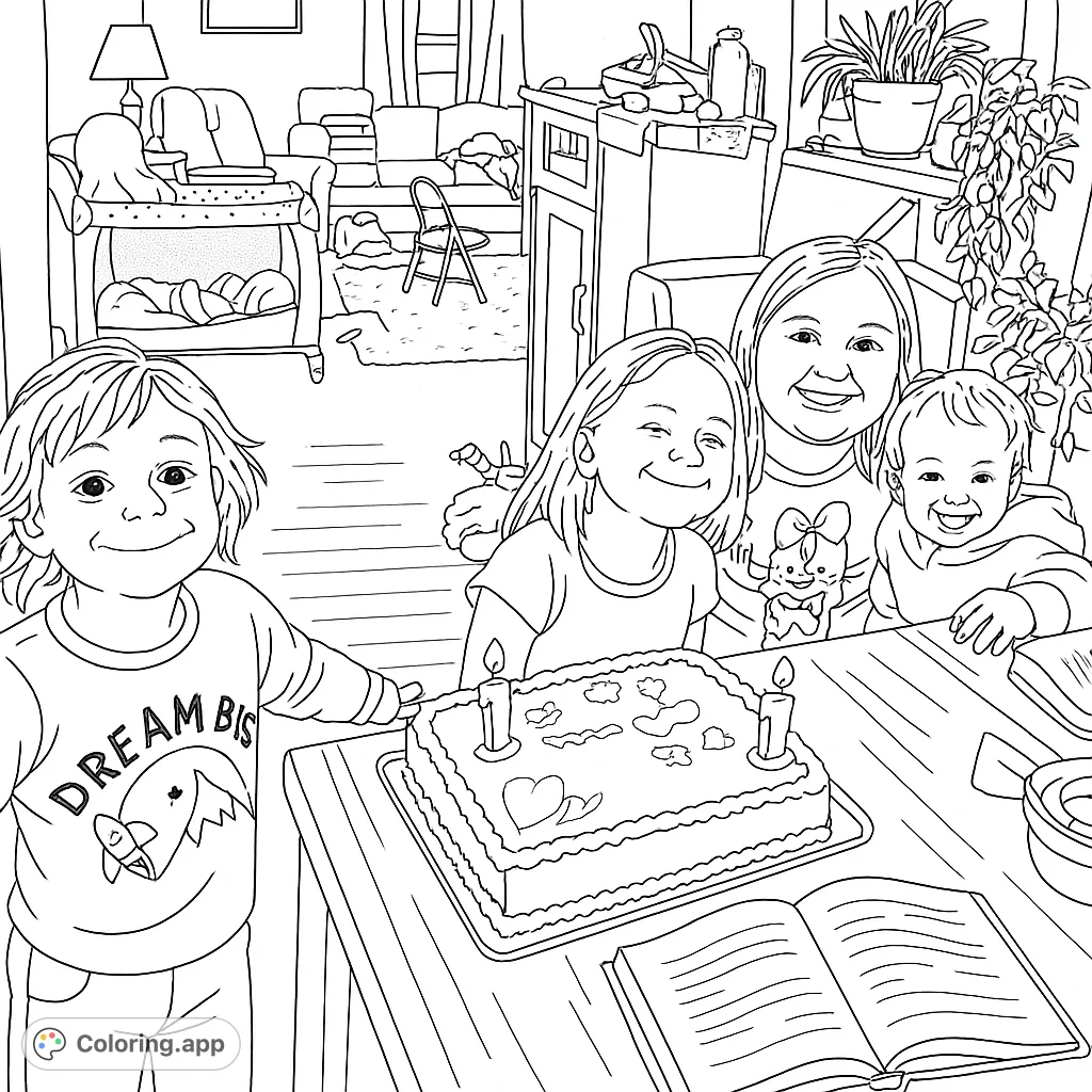 A cheerful group of kids celebrating a birthday with cake and candles. A heartwarming scene to color and enjoy!
