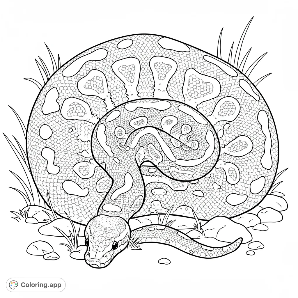 A detailed coiled python coloring page, featuring intricate scale patterns and natural surroundings. A free printable coloring page for reptile enthusiasts.