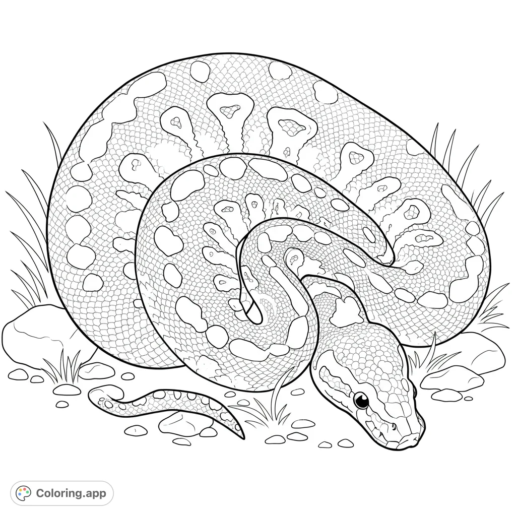 Detailed ball python clown morph coloring page. Features a curled snake with rocks and grass.