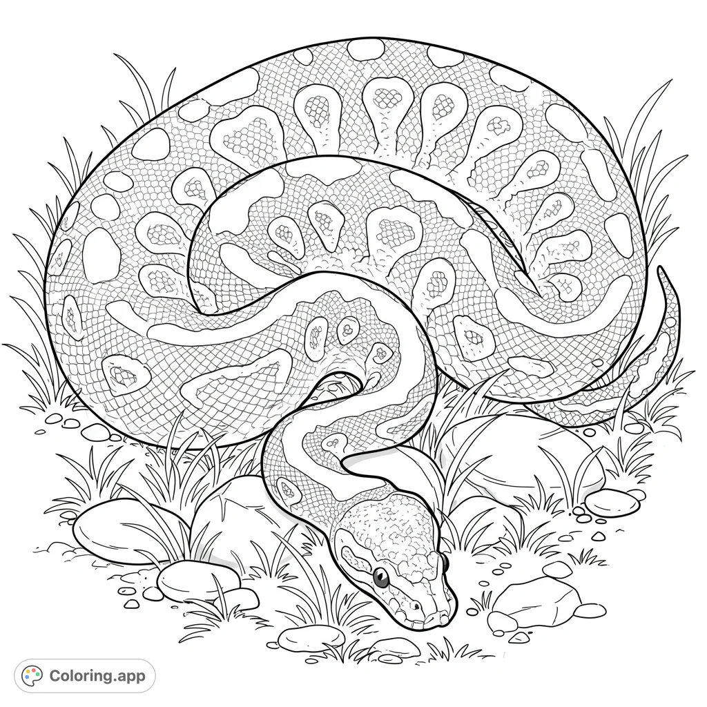 Detailed ball python coloring page. Features a realistic snake on rocks and grass, perfect for reptile enthusiasts.