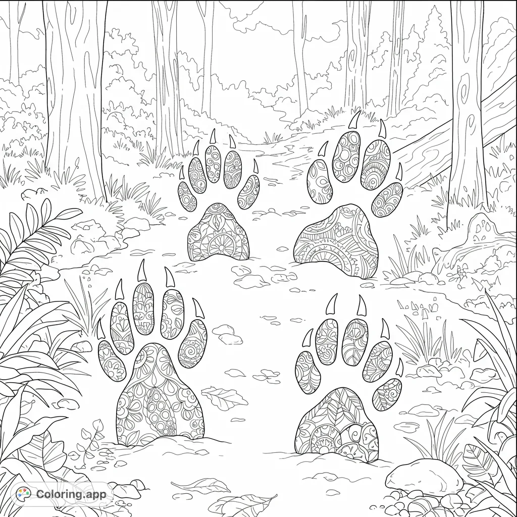 A detailed black and white coloring page featuring wolf tracks in a forest setting. Perfect for nature lovers, this intricate design offers a relaxing and creative activity.