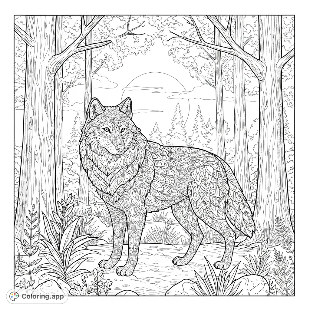 A majestic wolf in a forest with tall trees and a setting sun. This coloring page is perfect for kids and adults who love nature and animals.