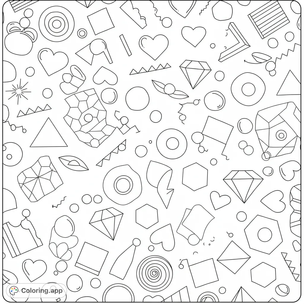 A fun coloring page featuring a mix of geometric shapes. Includes circles, squares, triangles, hearts, diamonds, and hexagons.