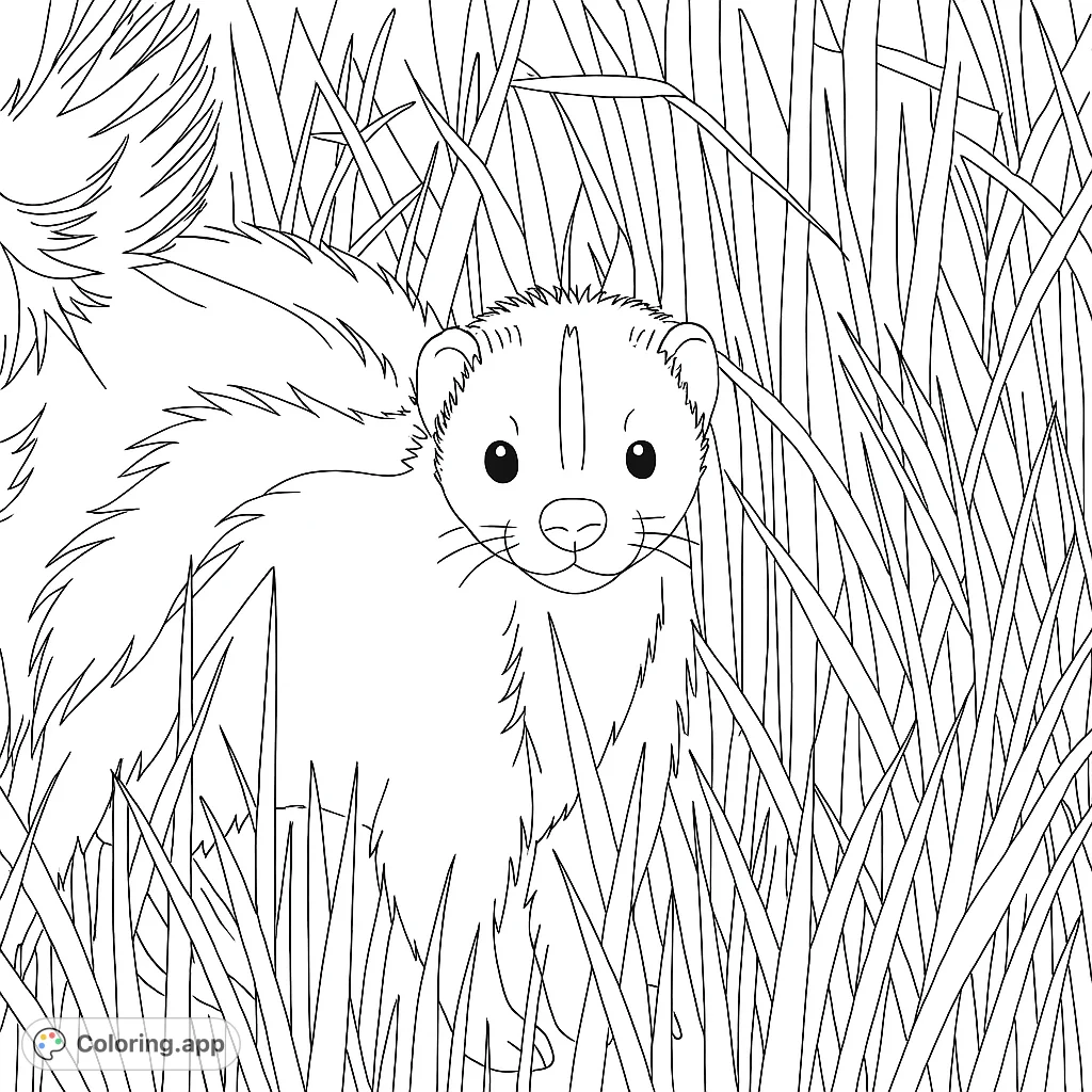 An adorable ferret peeking through tall, detailed grass. A charming nature-themed coloring page perfect for animal lovers of all ages.