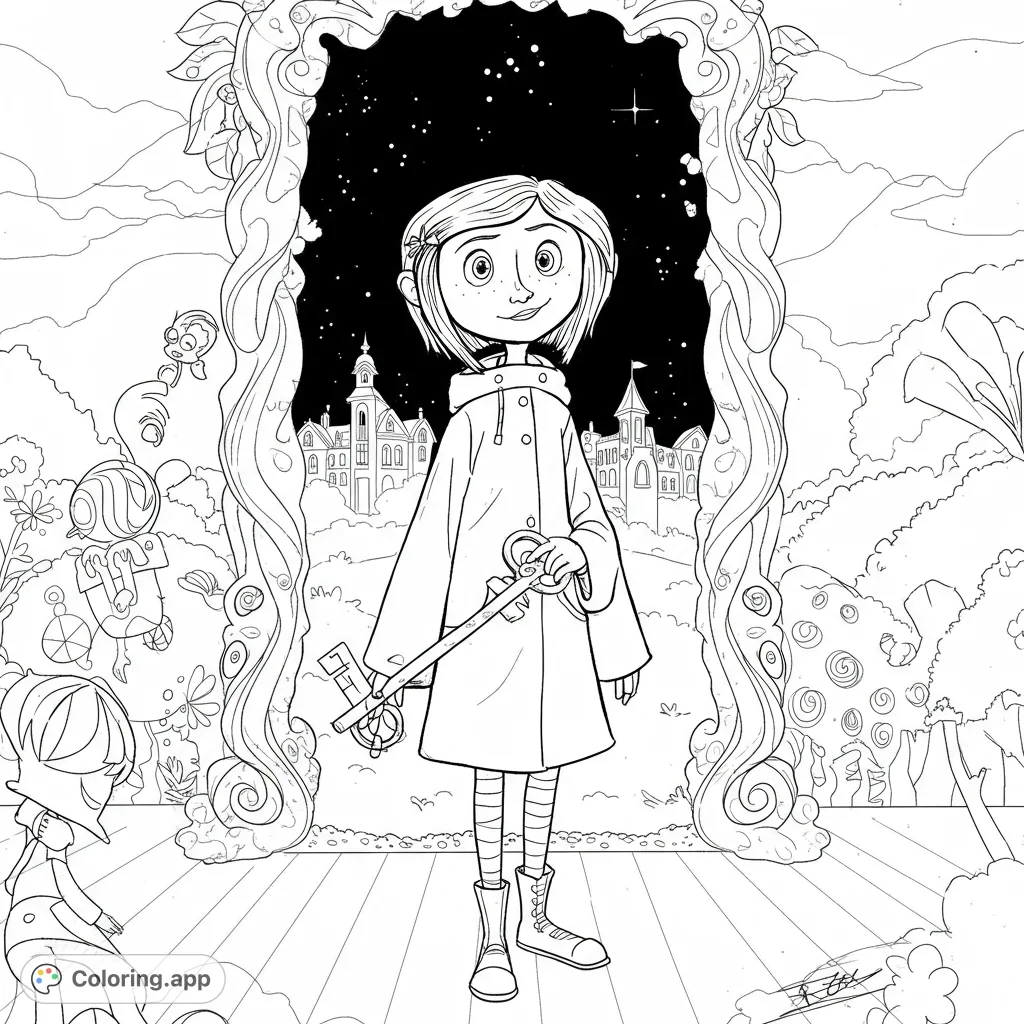 Coraline at the portal to the Other World! A detailed black and white line art coloring page featuring Coraline, the button key, and the Pink Palace.