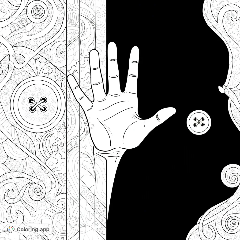 Intricate coloring page: The Other Mother's button hand reaches from a shadowy doorway, with a single button eye. Swirling patterns and detailed design.