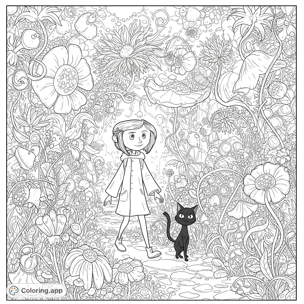Explore the Other World! Coraline, Wybie, and the cat in a whimsical garden with glowing plants and giant flowers.