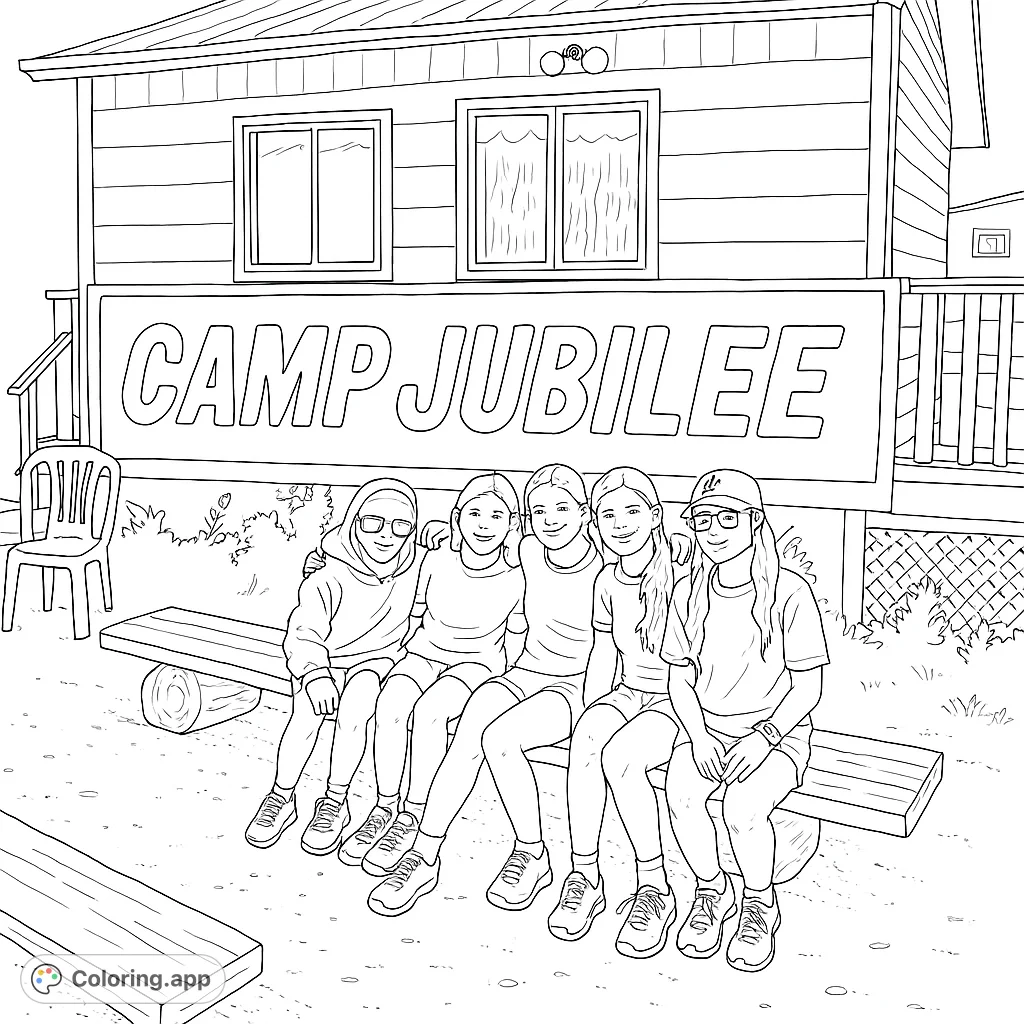 A group of friends at Camp Jubilee. A detailed line art page of a summer camp scene, perfect for older kids and adults who love outdoor adventures.