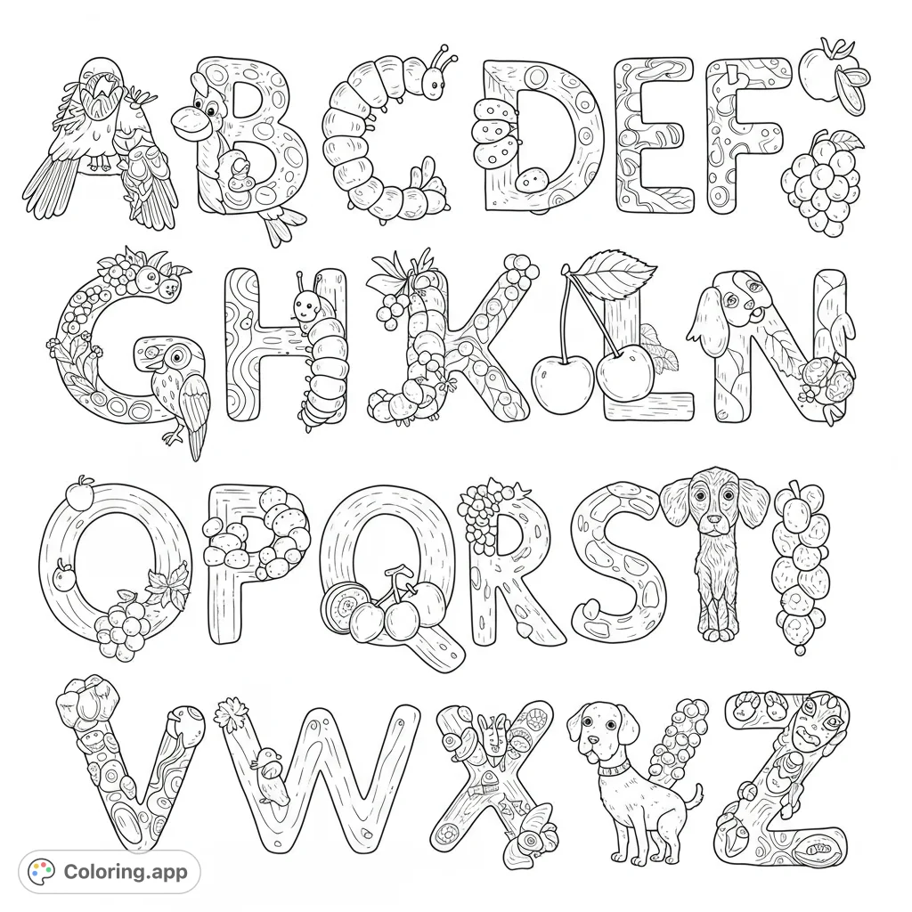 Alphabet adventure! A fun coloring page with letters creatively combined with animals and fruits.