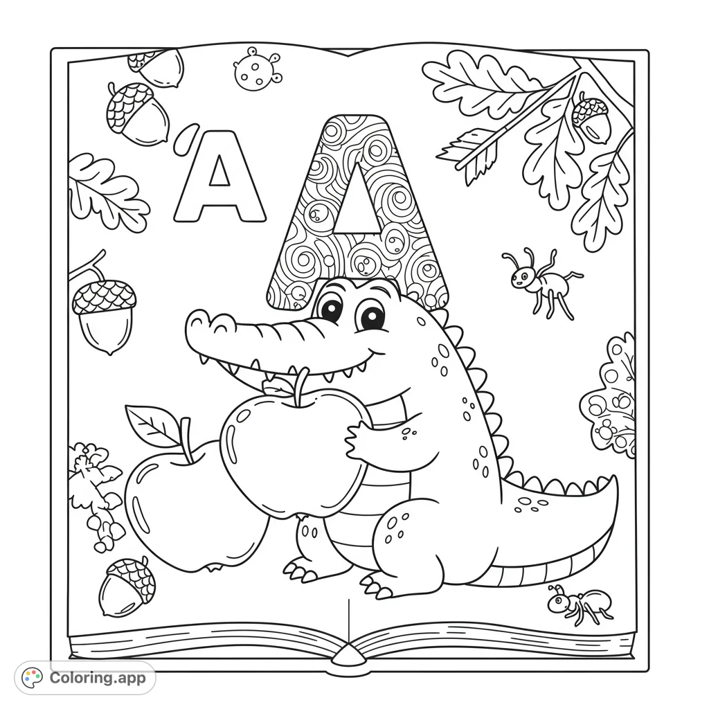 Adorable alligator enjoys an apple in this detailed 'A' alphabet coloring page. Features bold lines, intricate patterns, and a decorative font.