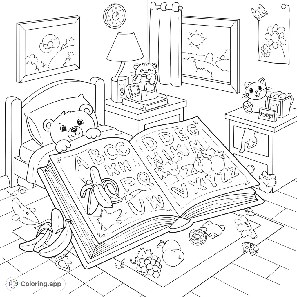 Whimsical coloring page of a child's bedroom corner. Features an alphabet book with playful animals and scattered fruits.