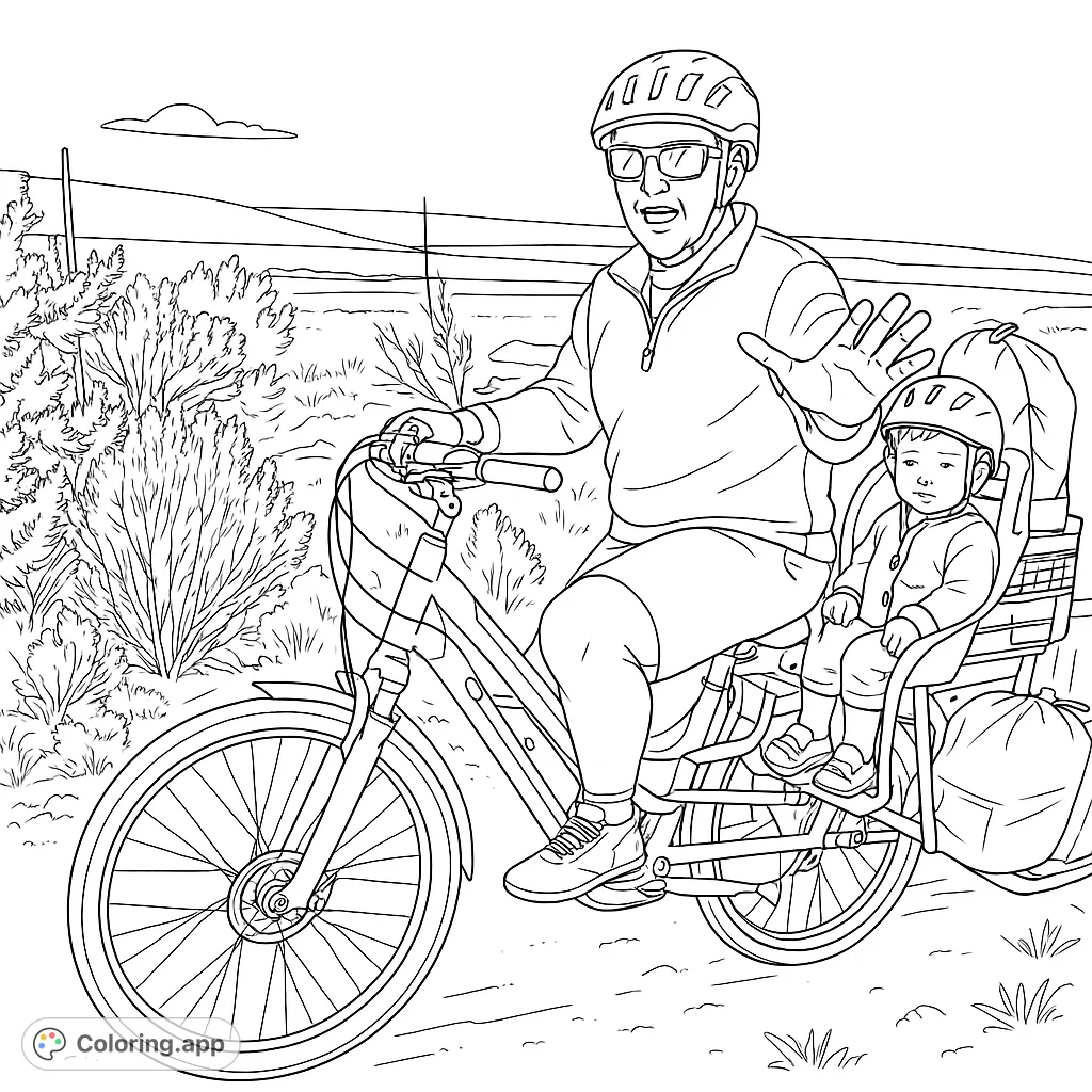 A father and child ride an ebike together. This coloring page is perfect for family fun and outdoor adventures.